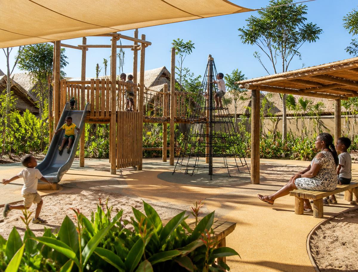 Aire de jeux pour enfants avec structures en bois, voiles d'ombrage et bancs