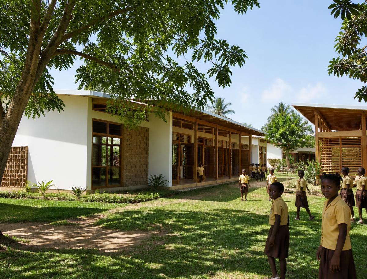 École contemporaine du village avec vérandas ombragées et cour plantée