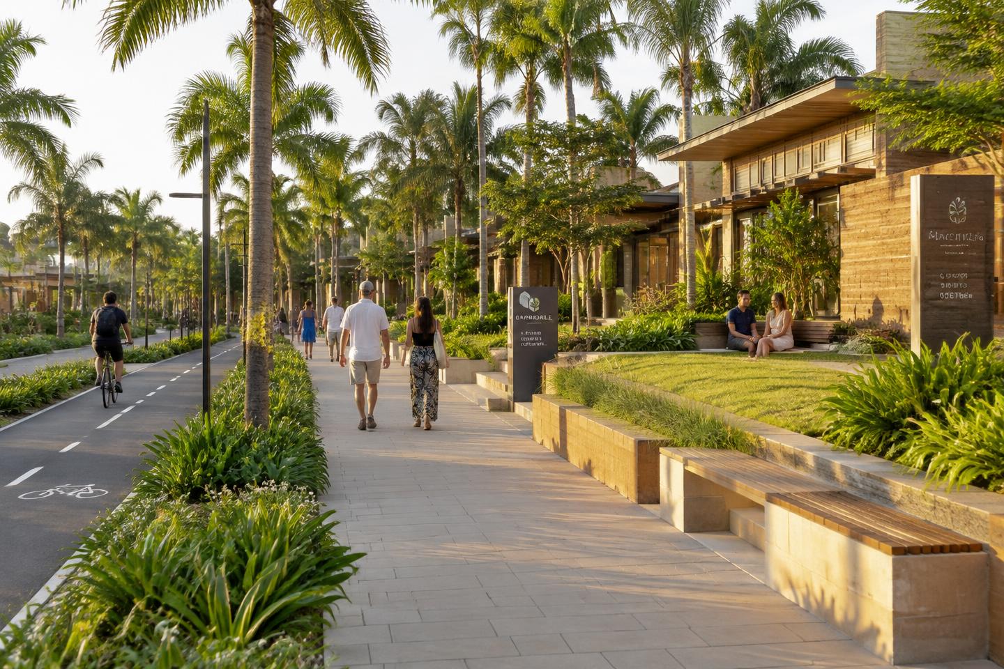 Promenade paysagère du village : allée revêtue bordée de palmiers, terrasses plantées, bancs et piste cyclable séparée