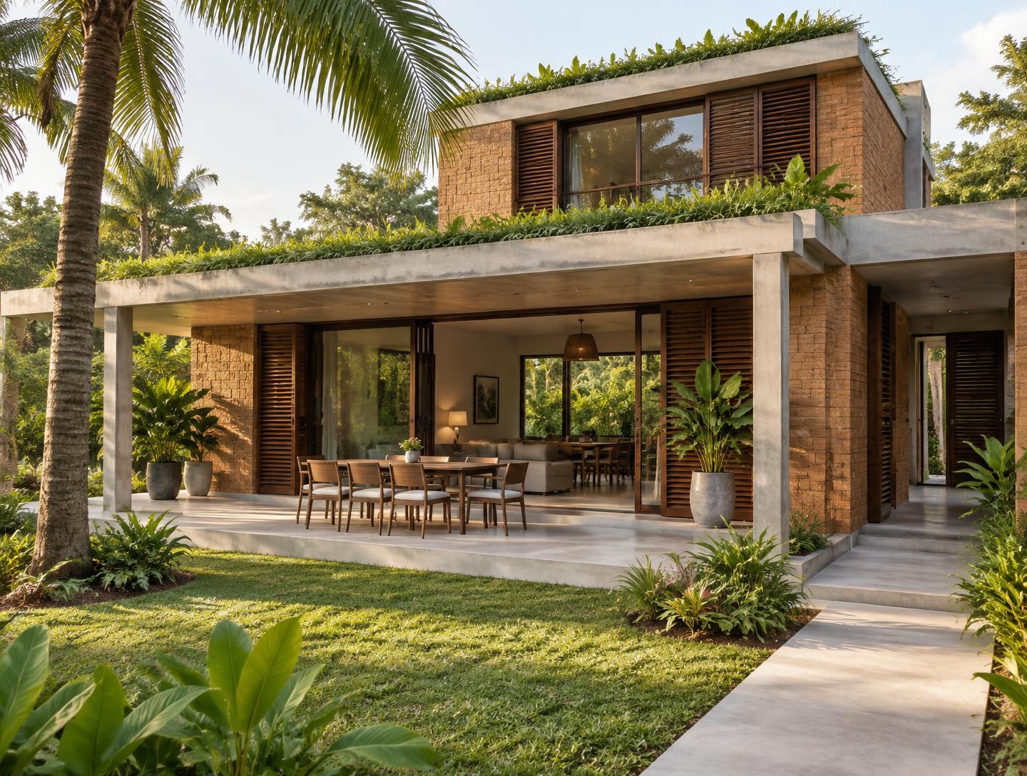 Villa contemporaine en briques de terre compressée stabilisée (BTCS), structure béton, terrasse et jardin planté