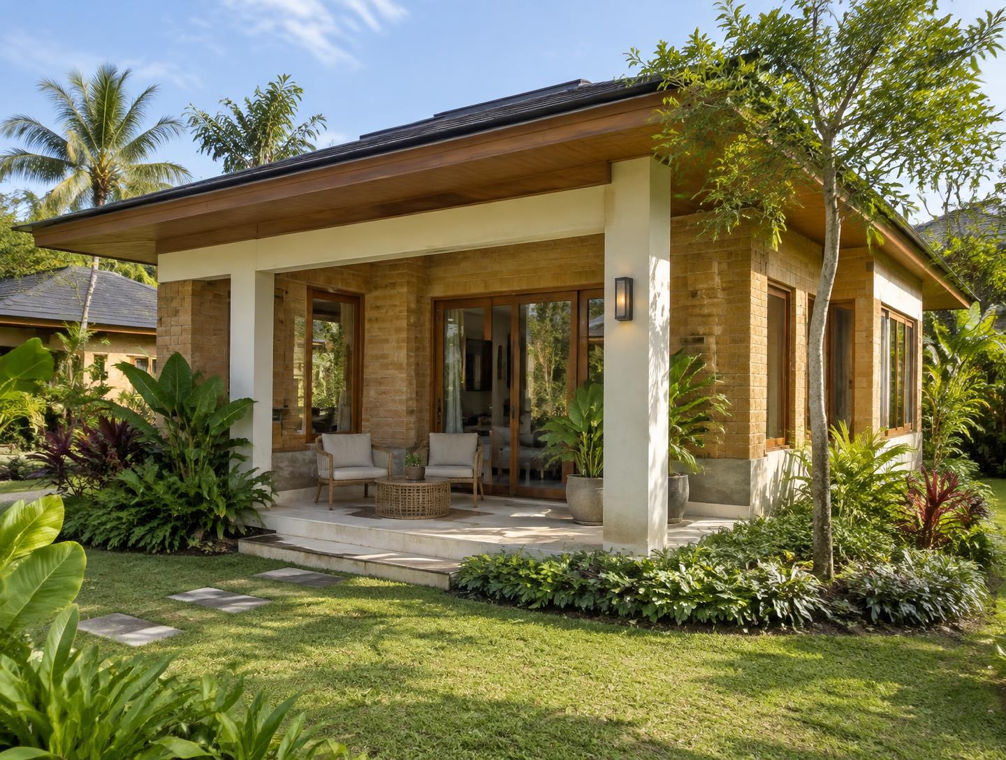 Villa Jardin : maison compacte en briques de terre compressée stabilisée avec véranda et terrasse